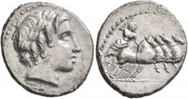 Anonymous, 86 BC. Denarius (Silver, 20 mm, 3.75 g, 5 h), Rome. Laureate head of Apollo to right; below neck truncation, thunderbolt. Rev. Jupiter in f...