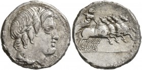 Anonymous, 86 BC. Denarius (Silver, 20 mm, 4.12 g, 5 h), Rome. Laureate head of Apollo to right; below neck truncation, thunderbolt. Rev. Jupiter in f...