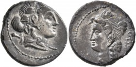 L. Cassius Q.f. Longinus, 78 BC. Denarius (Silver, 18 mm, 3.78 g, 10 h), Rome. Head of Liber to right, wearing ivy wreath with thyrsus over shoulder. ...