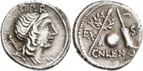 Cn. Cornelius Lentulus, 76-75 BC. Denarius (Silver, 19 mm, 3.92 g, 6 h), uncertain mint in Spain. G P R Diademed and draped bust of the Genius Populi ...