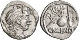 Cn. Cornelius Lentulus, 76-75 BC. Denarius (Silver, 20 mm, 3.67 g, 3 h), uncertain mint in Spain. G P R Diademed and draped bust of the Genius Populi ...