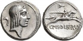 C. Calpurnius L.f. Frugi, 67 BC. Denarius (Silver, 18 mm, 3.99 g, 5 h), Rome. Head of Apollo to right, his hair bound with fillet; behind, sickle. Rev...