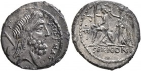 M. Nonius Sufenas, 59 BC. Denarius (Silver, 18 mm, 3.87 g, 5 h), Rome. SVFENAS S C Head of Saturn to right; in left field, harpa and conical stone. Re...