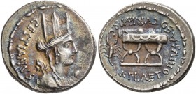 M. Plaetorius M.f. Cestianus, 57 BC. Denarius (Silver, 19 mm, 3.84 g, 4 h), Rome. CESTIANVS Turreted and draped bust of Cybele to right; behind, forep...