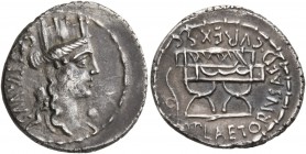 M. Plaetorius M.f. Cestianus, 57 BC. Denarius (Silver, 20 mm, 3.71 g, 7 h), Rome. CESTIANVS Draped and turreted bust of Cybele to right; behind her sh...