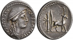 Cn. Plancius, 55 BC. Denarius (Silver, 18 mm, 3.87 g, 11 h), Rome. CN PLANCIVS AED CVR S C Female head to right, wearing causia. Rev. Cretan goat stan...