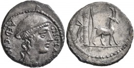 Cn. Plancius, 55 BC. Denarius (Silver, 19 mm, 3.87 g, 4 h), Rome. CN PLANCIVS AED CVR S C Female head to right, wearing causia. Rev. Cretan goat right...