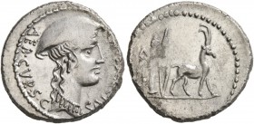 Cn. Plancius, 55 BC. Denarius (Silver, 19 mm, 3.75 g, 1 h), Rome. CN PLANCIVS AED CVR S C Female head to right, wearing causia. Rev. Cretan goat right...