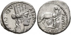 A. Plautius, 55 BC. Denarius (Silver, 18 mm, 4.06 g, 2 h), Rome. A PLAVTIVS AED CVR S C Head of Cybeles to right. Rev. IVDAEVS / BACCHIVS Male figure ...