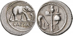 Julius Caesar, 49-44 BC. Denarius (Silver, 18 mm, 3.84 g, 3 h), mint moving with Caesar, 49. CAESAR Elephant trampling serpent to right. Rev. Priestly...