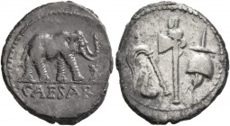 Julius Caesar, 49-44 BC. Denarius (Silver, 19 mm, 3.52 g, 11 h), mint moving with Caesar, 49 BC. CAESAR Elephant trampling serpent right. Rev. Culullu...