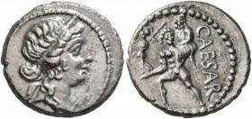 Julius Caesar, 49-44 BC. Denarius (Silver, 18 mm, 3.57 g, 6 h), mint in Africa, 48-47 BC. Diademed head of Venus to right. Rev. CAESAR Aeneas advancin...
