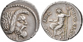 C. Vibius C.f. C.n. Pansa Caetronianus, 48 BC. Denarius (Silver, 23 mm, 3.65 g, 8 h), Rome. Mask of beard Pan to right. Rev. C VIBIVS C F C N IOVIS AX...