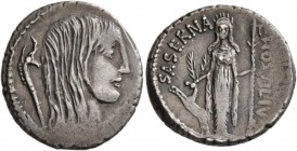 L. Hostilius Saserna, 48 BC. Denarius (Silver, 19 mm, 4.05 g, 3 h), Rome. Bare head of Gallia to right, wearing long hair; to left, carnyx (Gallic tru...