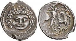 L. Plautius Plancus, 47 BC. Denarius (Silver, 20 mm, 3.57 g, 8 h), Rome. L PLAVTIVS Head of Medusa, facing, with coiled snake on either side. Rev. PLA...