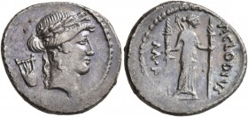 P. Clodius M.f. Turrinus, 42 BC. Denarius (Silver, 20 mm, 3.63 g, 11 h), Rome. Laureate head of Apollo to right; behind, lyre. Rev. P CLODIVS M F Dian...
