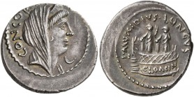 L. Mussidius Longus, 42 BC. Denarius (Silver, 19 mm, 3.73 g, 9 h), Rome. CONCOR[DIA] Diademed and veiled head of Concordia to right; before, crescent....