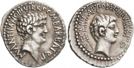 Mark Antony and Octavian. Denarius (Silver, 21 mm, 3.70 g, 1 h), Marcus Antonius with Octavianus and M. Barbatius, mint moving with Mark Antony, 41 BC...