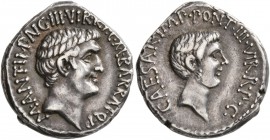 Mark Antony and Octavian. Denarius (Silver, 18 mm, 4.02 g, 12 h), Marcus Antonius with Octavianus and M. Barbatius, mint moving with Mark Antony, 41 B...