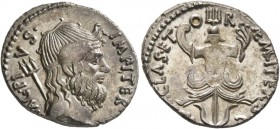 Sextus Pompey, † 35 BC. Denarius (Silver, 20 mm, 3.53 g, 9 h), military mint in Sicily, 37-36 BC. MAG PIVS IMP ITER Head of Neptune to right, his hair...