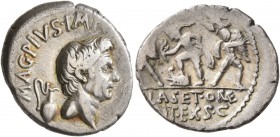 Sextus Pompey, † 35 BC. Denarius (Silver, 20 mm, 3.79 g, 10 h), military mint in Sicily, 37-36 BC. MAG PIVS IMP [ITER] Bare head of Cn. Pompeius Magnu...