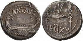 Mark Antony, 44-30 BC. Denarius (Silver, 16 mm, 3.54 g, 6 h), mint moving with Mark Antony (Patrae?), 32-31. ANT AVG III VIR R P C Galley right, with ...