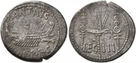 Mark Antony, 44-30 BC. Denarius (Silver, 18 mm, 3.38 g, 6 h), mint moving with Mark Antony (Patrae?), 32-31. ANT AVG III VIR R P C Galley right, with ...