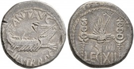 Mark Antony, 44-30 BC. Denarius (Silver, 16 mm, 3.09 g, 6 h), mint moving with Mark Antony (Patrae?), 32-31. ANT AVG III VIR R P C Galley right, with ...