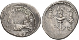 Mark Antony, 44-30 BC. Denarius (Silver, 16-19 mm, 3.34 g, 8 h), mint moving with Mark Antony (Patrae?), 32-31. ANT AVG III VIR R P C Galley right, wi...
