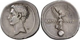 Octavian, 44-27 BC. Denarius (Silver, 21 mm, 3.88 g, 3 h), Brundisium or Rome, 31-30. Bare head of Octavian to left. Rev. CAESAR - DIVI F Victory stan...