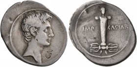 Octavian, 44-27 BC. Denarius (Silver, 19-22 mm, 3.77 g, 3 h), Italian mint (Rome?), autumn 30-summer 29. Bare head of Octavian to right. Rev. IMP - CA...