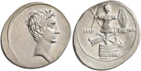 Octavian, 44-27 BC. Denarius (Silver, 18-20 mm, 3.66 g, 9 h), Italian mint, autumn 30 - summer 29 BC. Bare head of Octavian to right. Rev. IMP - CAESA...