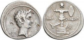 Octavian, 44-27 BC. Denarius (Silver, 20 mm, 3.51 g, 12 h), Brundisium or Rome, 29-27 BC. Bare head of Octavian to right. Rev. IMP - CAESAR Trophy set...
