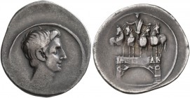 Octavian, 44-27 BC. Denarius (Silver, 22 mm, 3.64 g, 9 h), Brundisium or Rome, circa 29-27. Bare head of Augustus to right. Rev. Triumphal quadriga fa...