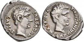 Augustus, with Agrippa, 27 BC-AD 14. Denarius (Silver, 20 mm, 3.83 g, 9 h), Rome, C. Sulpicius Plaetorinus, 13 BC. CAESAR AVGVSTVS Bare head of August...