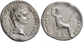 Tiberius, 14-37. Denarius (Silver, 19 mm, 3.86 g, 9 h), Lugdunum. TI CAESAR DIVI AVG F AVGVSTVS Laureate head of Tiberius to right. Rev. PONTIF MAXIM ...