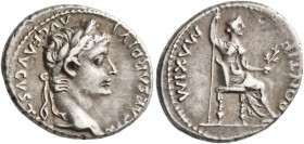 Tiberius, 14-37. Denarius (Silver, 17-19 mm, 3.86 g, 1 h), Lugdunum, 15-18. TI CAESAR DIVI AVG F AVGVSTVS Laureate head of Tiberius to right. Rev. PON...