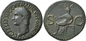 Gaius (Caligula), 37-41. As (Copper, 29 mm, 11.41 g, 6 h), Rome, 37-38. C CAESAR AVG GERMANICVS PON M TR POT Bare head of Gaius to left. Rev. VESTA / ...