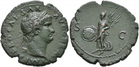 Nero, 54-68. As (Copper, 28 mm, 9.67 g, 6 h), Rome, 66. IMP NERO CAESAR AVG GERM Laureate head of Nero to right. Rev. S - C Victory flying left, holdi...