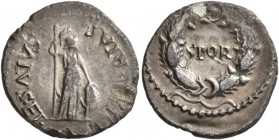 Civil Wars, 68-69. Denarius (Silver, 19 mm, 3.40 g, 7 h), uncertain mint in Gaul, revolt of Vindex. SALVS ET LIBERTAS Minerva standing, holding spear ...