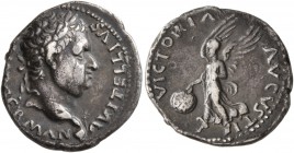 Vitellius, 69. Denarius (Silver, 19 mm, 3.54 g, 7 h), Tarraco (?). A VITELLIVS [IMP] GERMAN Laureate head of Vitellius to left, with palm and globe at...