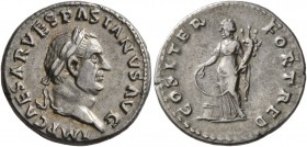 Vespasian, 69-79. Denarius (Silver, 19 mm, 3.48 g, 7 h), Rome, January-June 70. IMP CAESAR VESPASIANVS AVG Laureate head of Vespasian to right. Rev. C...
