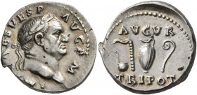 Vespasian, 69-79. Denarius (Silver, 18 mm, 3.45 g, 6 h), Rome, 71. IMP CAES VESP AVG P M Laureate head of Vespasian to right. Rev. AVGVR / TRI POT Sim...