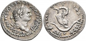 Titus, 79-81. Denarius (Silver, 19 mm, 3.40 g, 6 h), Rome, 80. IMP TITVS CAES VESPASIAN AVG P M Laureate head of Titus to right. Rev. TR P IX IMP XV C...