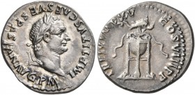 Titus, 79-81. Denarius (Silver, 19 mm, 3.07 g, 5 h), Rome, January-June 80. IMP TITVS CAES VESPASIAN AVG P M Laureate head of Titus to right. Rev. TR ...