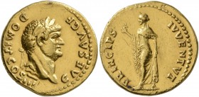 Domitian, as Caesar, 69-81. Aureus (Gold, 19 mm, 7.10 g), Rome, 75. CAES AVG F DOMIT COS III Laureate head of Domitian to right. Rev. PRINCIPS (sic!) ...