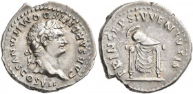 Domitian, as Caesar, 69-81. Denarius (Silver, 20 mm, 3.44 g, 5 h), Rome, 80-81. CAESAR DIVI F DOMITIANVS COS VII Laureate head of Domitian to right. R...