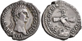 Nerva, 96-98. Denarius (Silver, 18 mm, 3.54 g, 7 h), Rome, 97. IMP NERVA CAES AVG P M TR P COS III P P Laureate head of Nerva to right. Rev. CONCORDIA...
