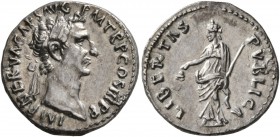 Nerva, 96-98. Denarius (Silver, 18 mm, 3.24 g, 6 h), Rome, 97. IMP NERVA CAES AVG P M TR P COS III P P Laureate head of Nerva to right. Rev. LIBERTAS ...