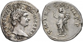 Trajan, 98-117. Denarius (Silver, 20 mm, 3.14 g, 6 h), Rome, 100. IMP CAES NERVA TRAIAN AVG GERM Laureate head of Trajan to right. Rev. P M TR P COS I...